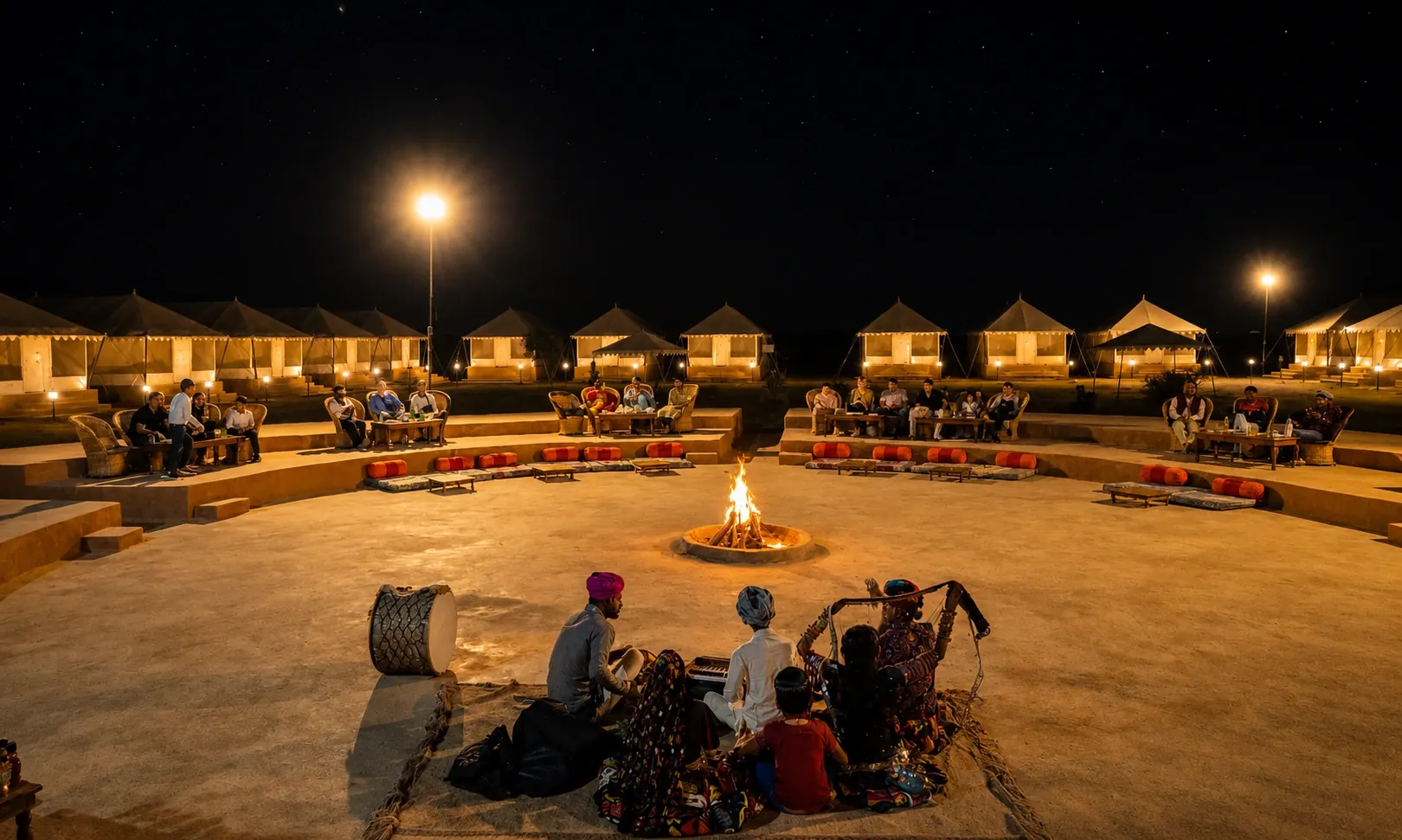 Folk musicians performing around a bonfire at a desert camp