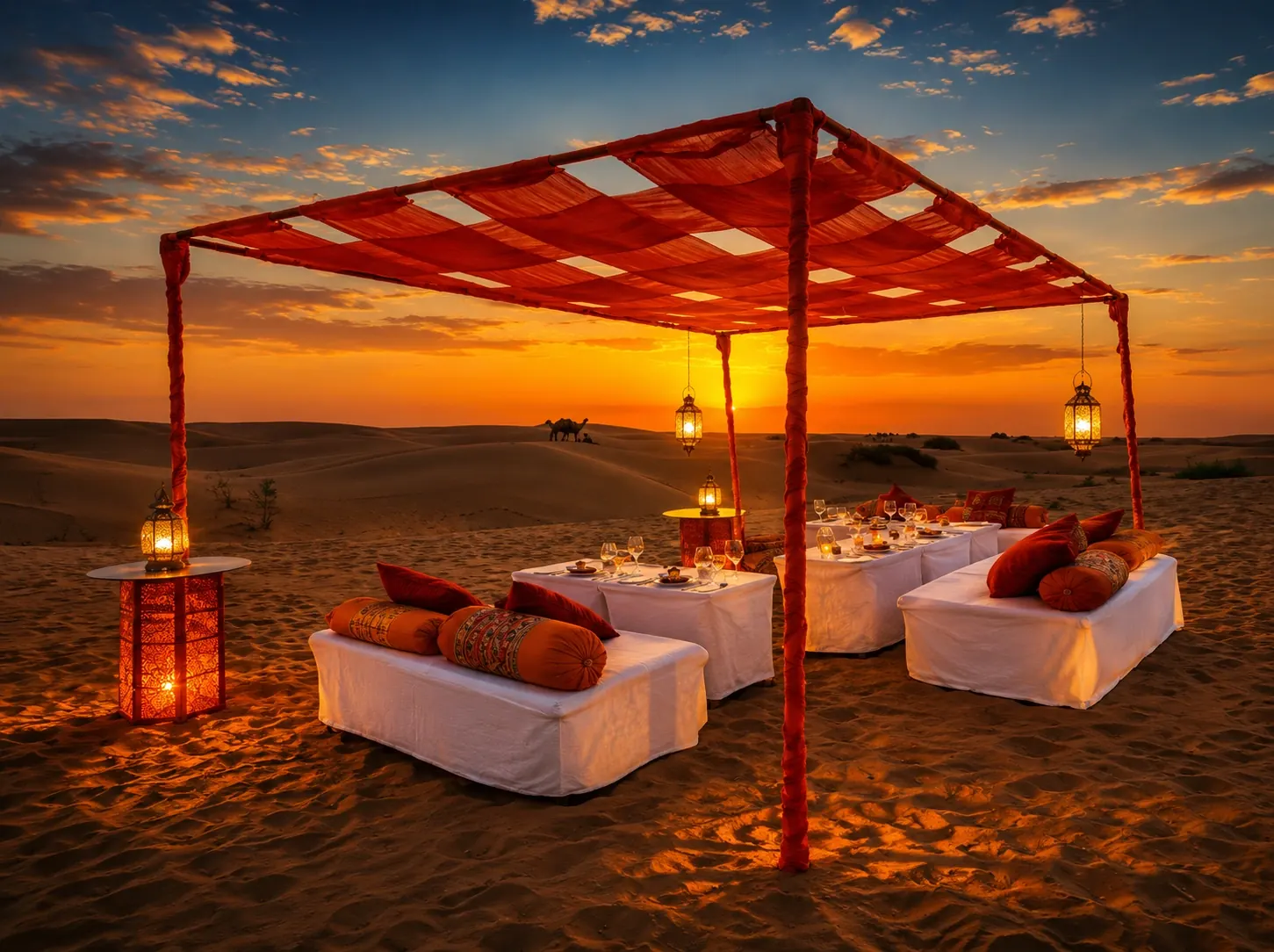Desert dining setup on the dunes at sunset