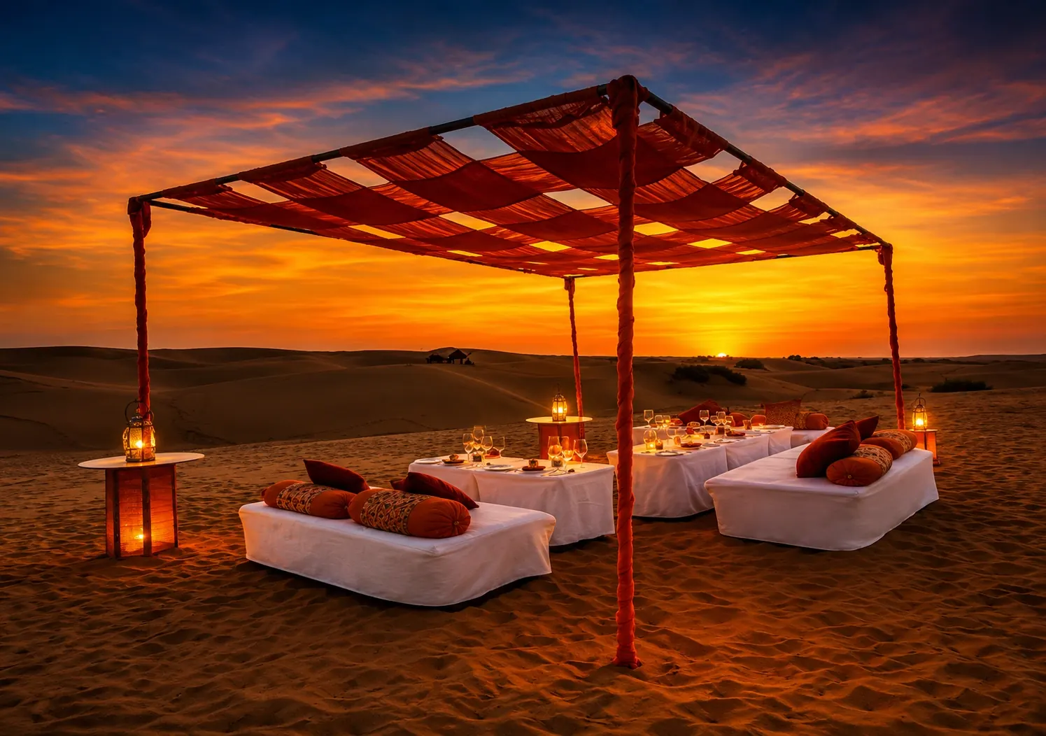 Desert dining setup on the dunes at sunset