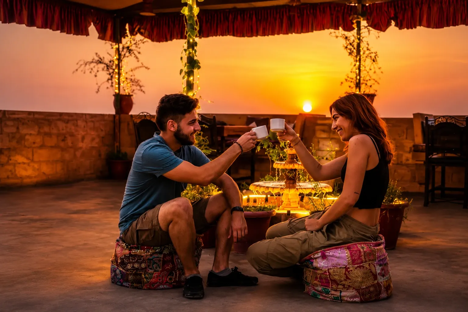 Travellers sharing chai on a Jaisalmer rooftop at sunset