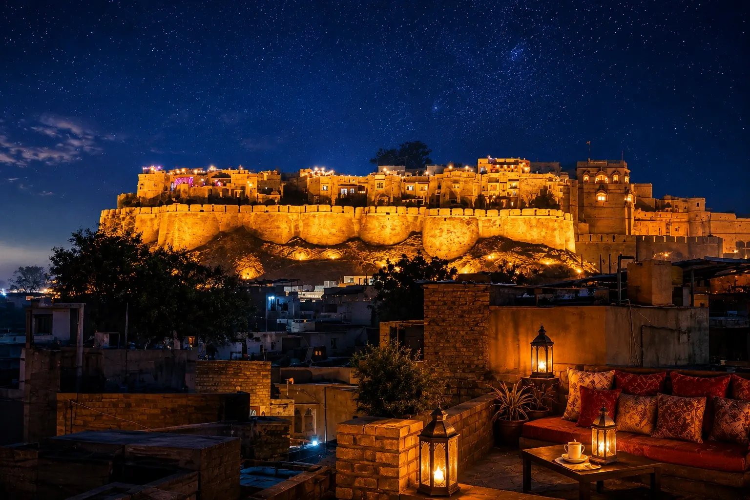 Jaisalmer Fort lit up gold against a starry night sky