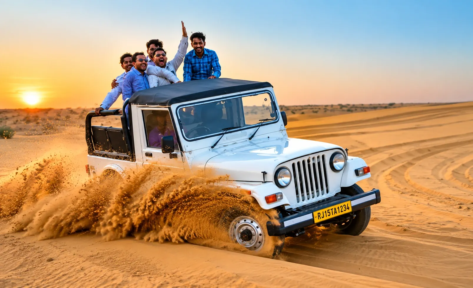 4x4 jeep safari kicking up sand across the Sam dunes